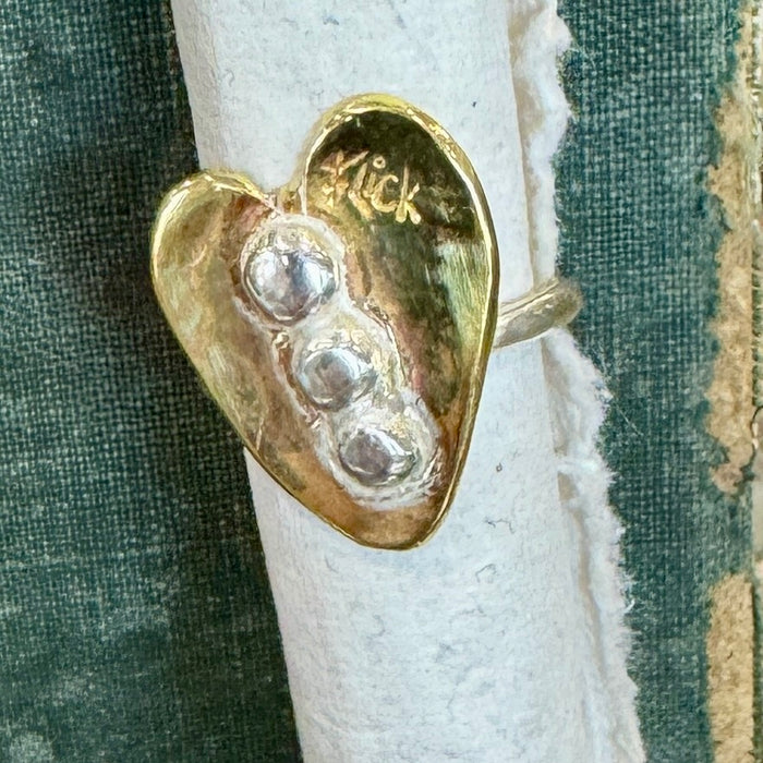 Brass heart ring with silver bobbles